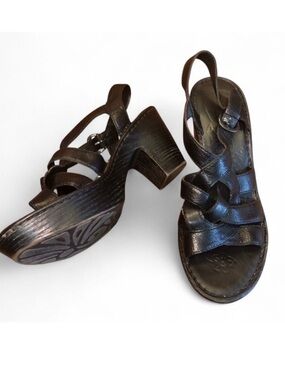 90s Y2K Børn Braided Leather Platform Sandals, Black Chunky Block Heel Size 9